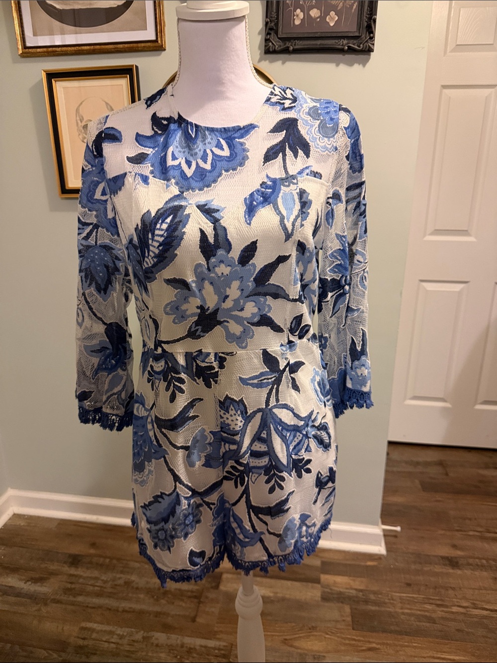 entro Blue and White Floral Lace Romper